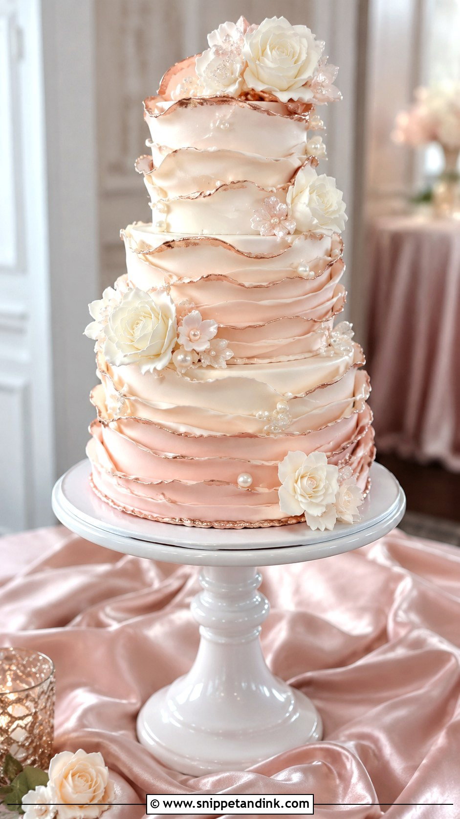 Rose Gold Wedding Cake With Ruffles - Snippet and Ink - 25 Rose Gold Wedding Cake Ideas