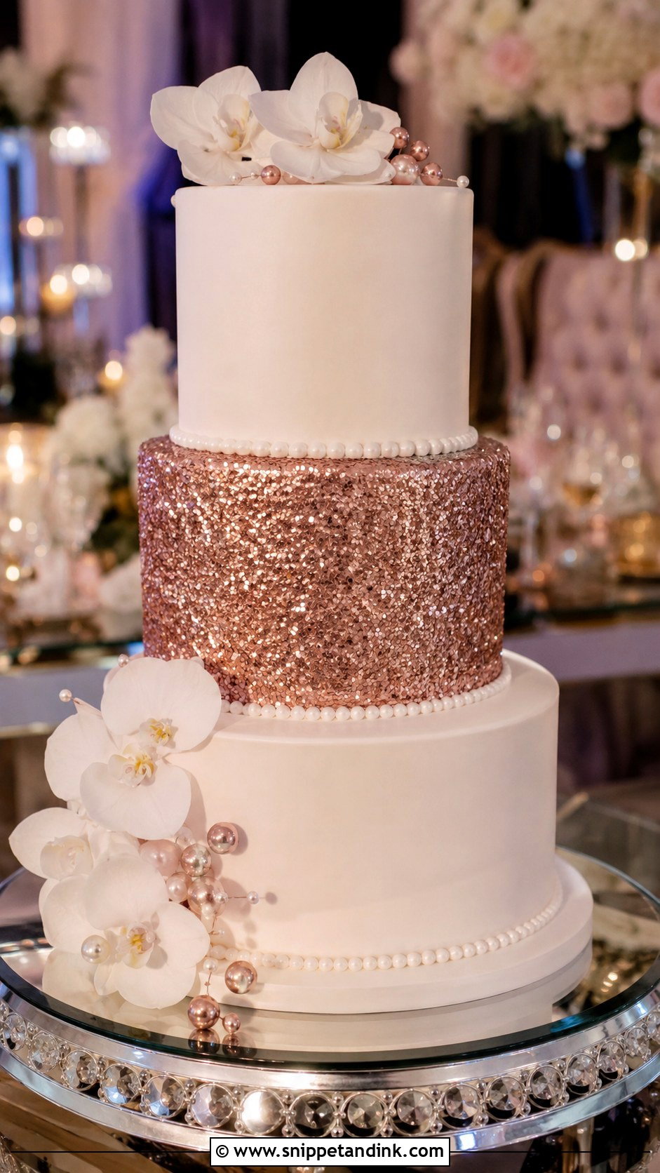Rose Gold Wedding Cake With Sequins - Snippet and Ink - 25 Rose Gold Wedding Cake Ideas