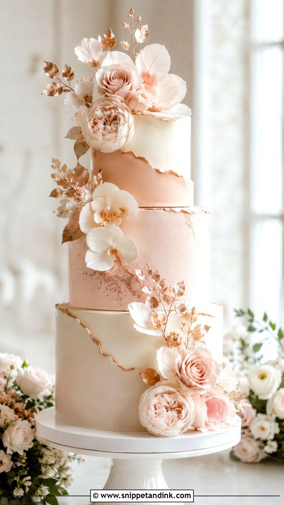 Rose Gold Wedding Cake With Sugar Flowers - Snippet and Ink - 25 Rose Gold Wedding Cake Ideas