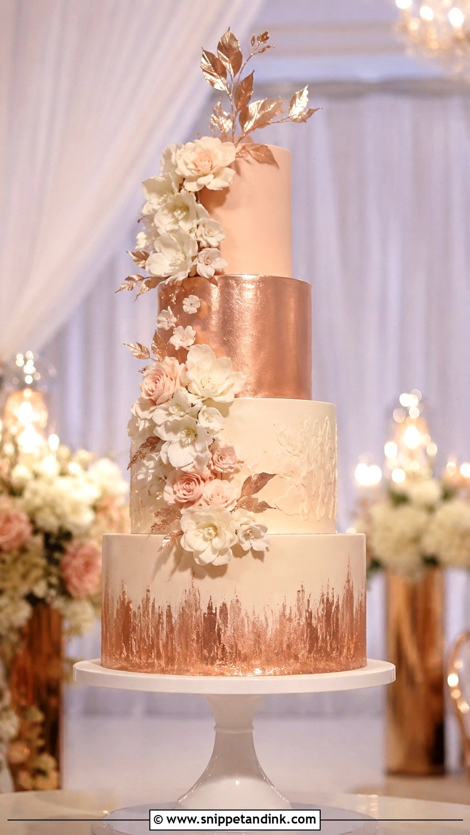 Rose Gold Wedding Cake With Tall Tiers - Snippet and Ink - 25 Rose Gold Wedding Cake Ideas