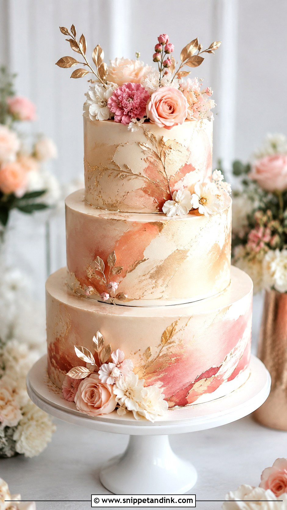 Rose Gold Wedding Cake With Watercolor - Snippet and Ink - 25 Rose Gold Wedding Cake Ideas
