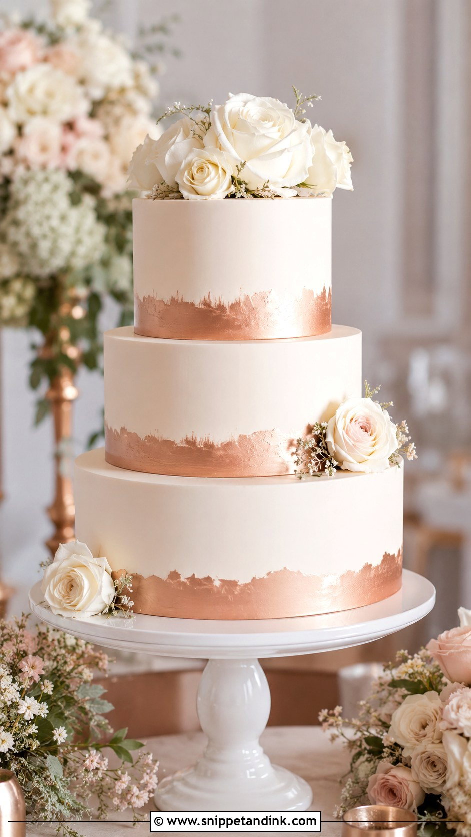 Rose Gold Wedding Cake With White Roses - Snippet and Ink - 25 Rose Gold Wedding Cake Ideas