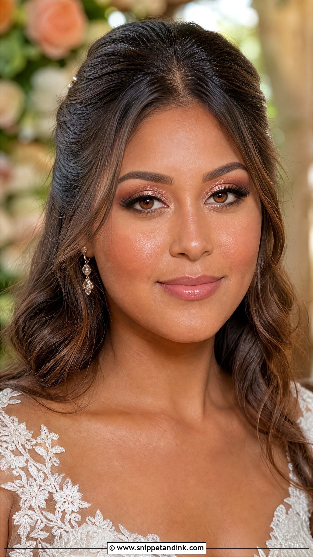 Rose Gold Wedding Makeup With Half Up Hair - Snippet and Ink - 20 Wedding Makeup and Hair Ideas