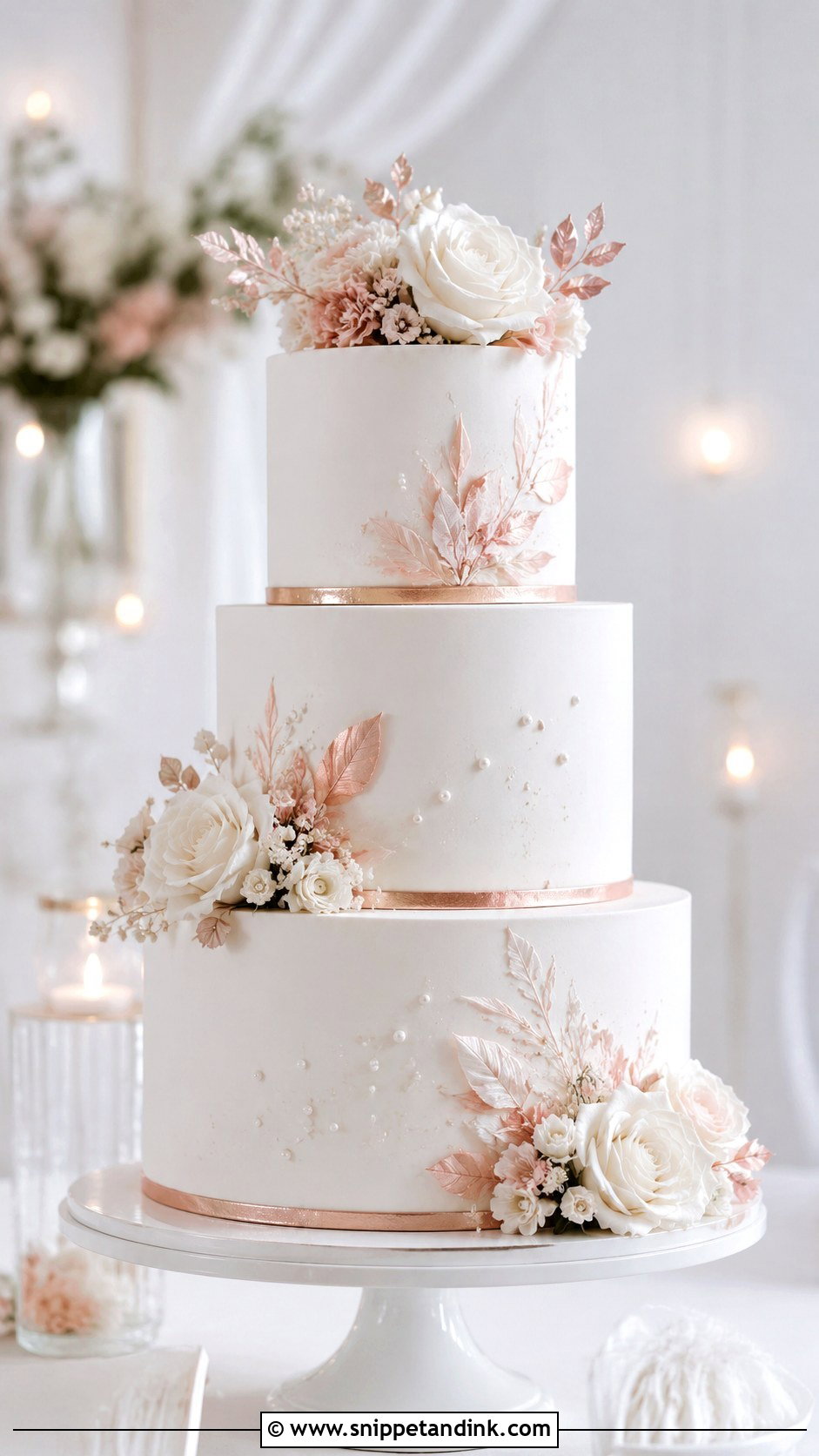 Rose Gold White Wedding Cake - Snippet and Ink - 25 Rose Gold Wedding Cake Designs