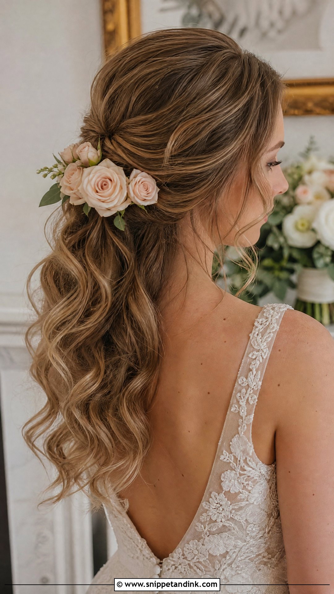 Rose Half Up Half Down Wedding Hairstyle - Snippet and Ink - 20 Bridal Hair Flower Ideas