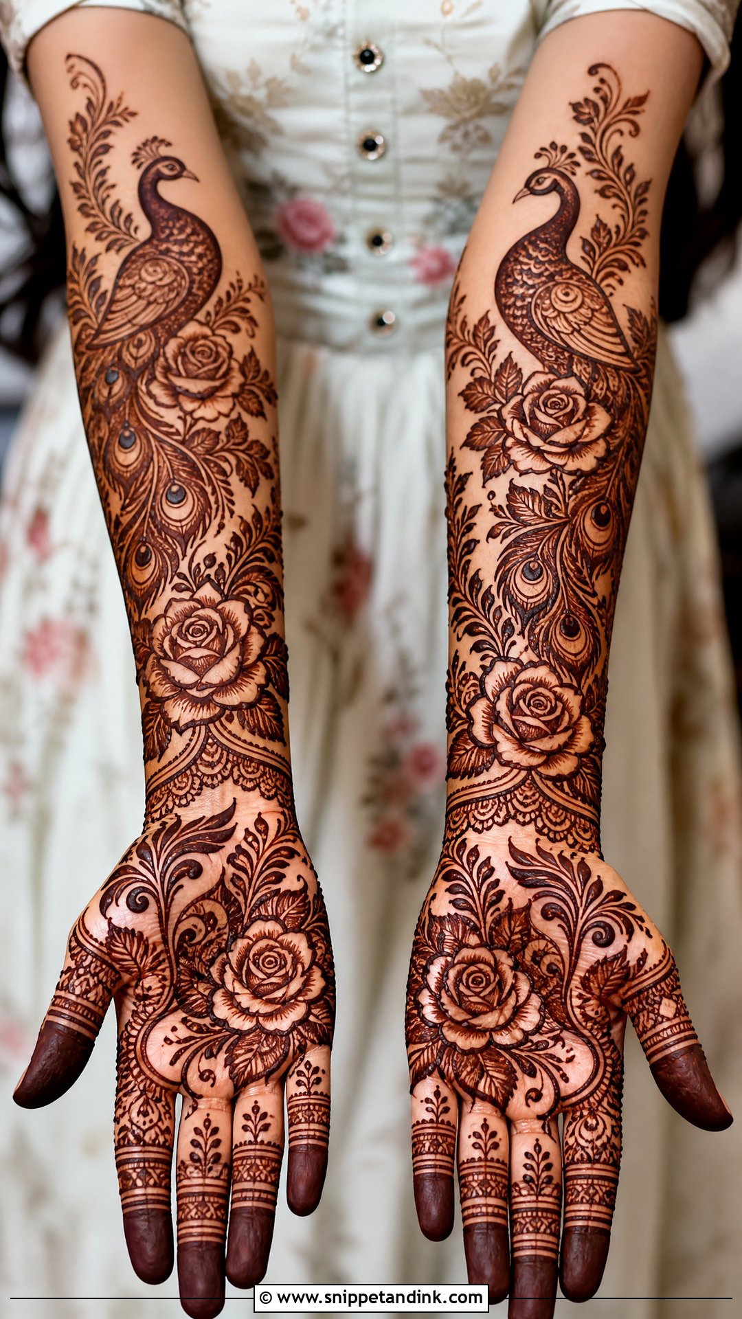 Rose Peacock Bridal Mehndi Full Hand - Snippet and Ink - 20 Rose Full Hand Bridal Mehndi Designs