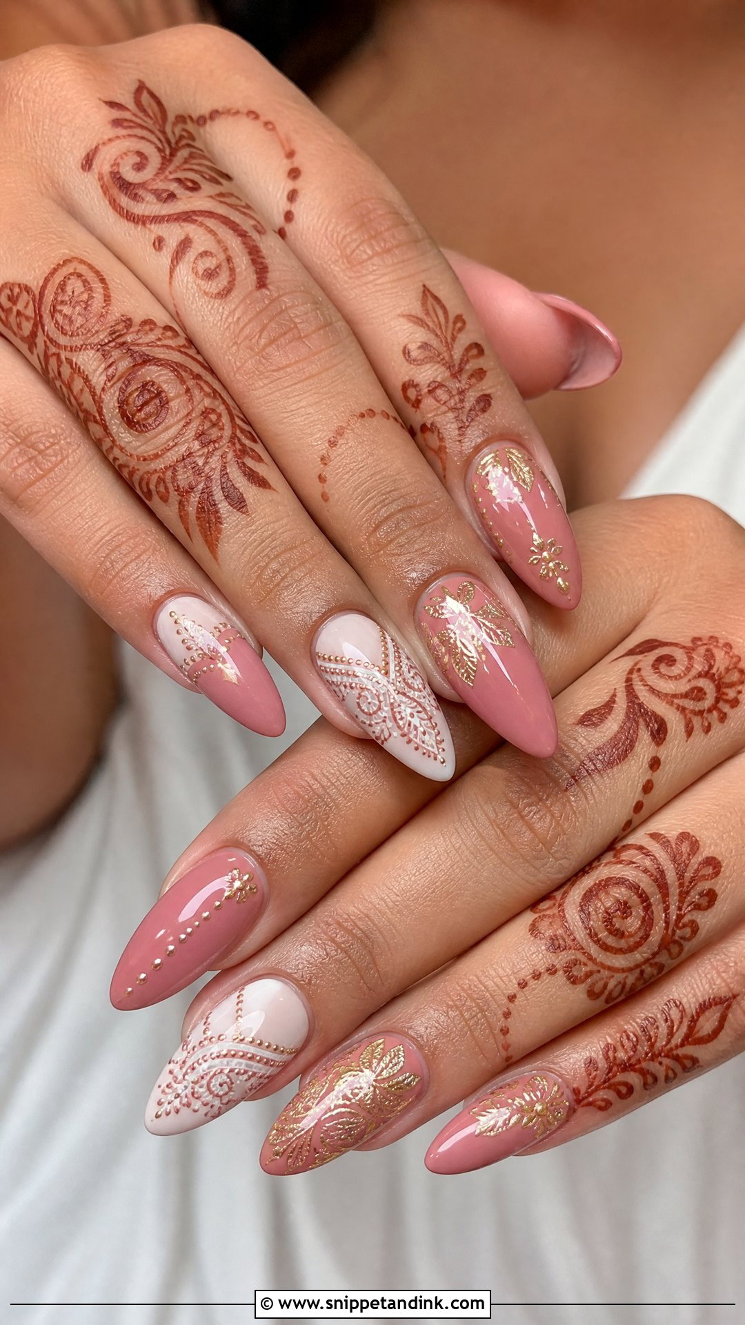 Rose Pink Bridal Nails With Mehndi Art - Snippet and Ink - 25 Indian Pink Bridal Nail Art Ideas