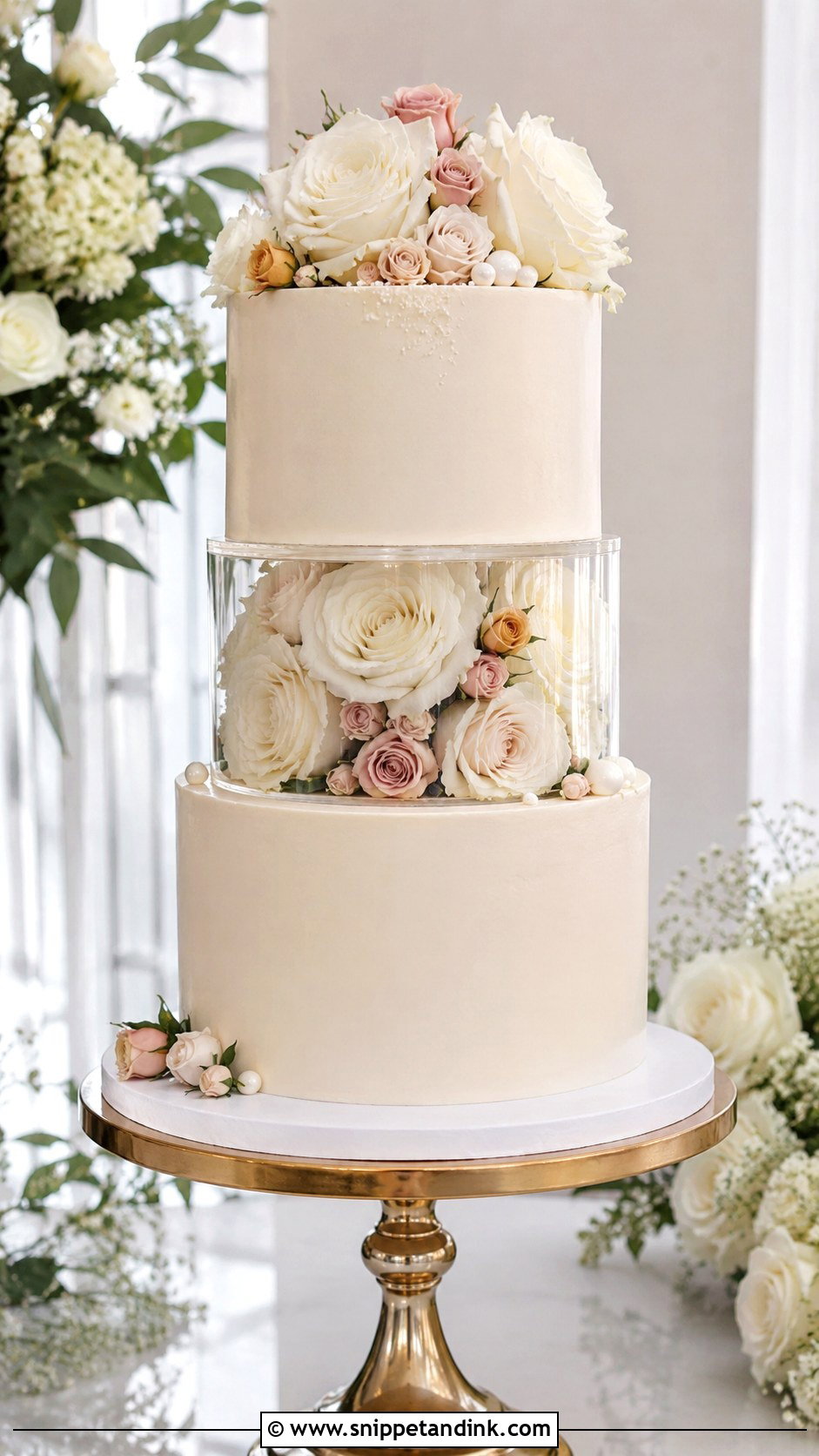 Rose Wedding Cake With Acrylic Separator - Snippet and Ink - 20 Wedding Cake Acrylic Separator Ideas
