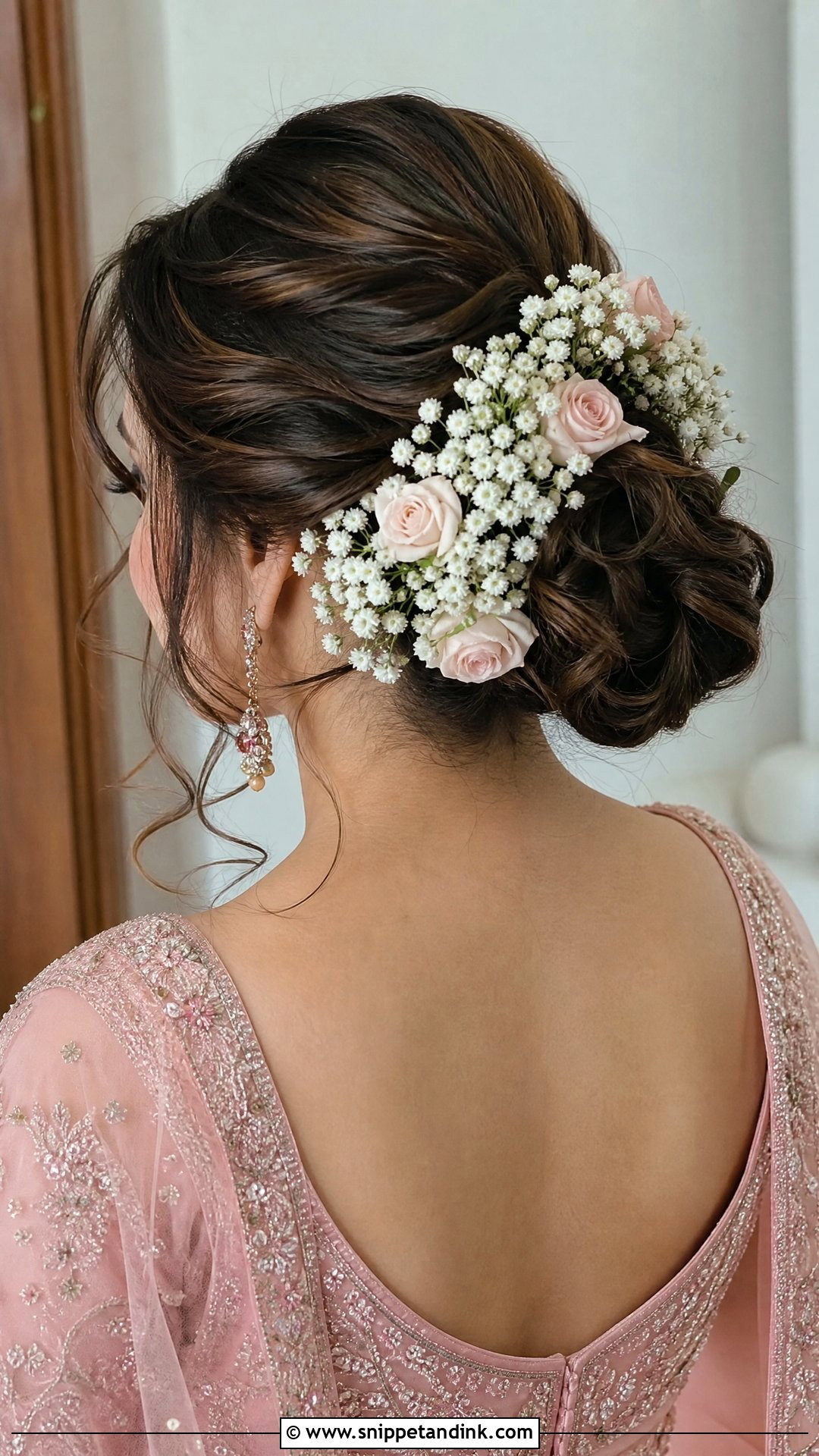Rose and Babys Breath Combination Bun - Snippet and Ink - 20 Indian Flower Bridal Bun Hairstyles