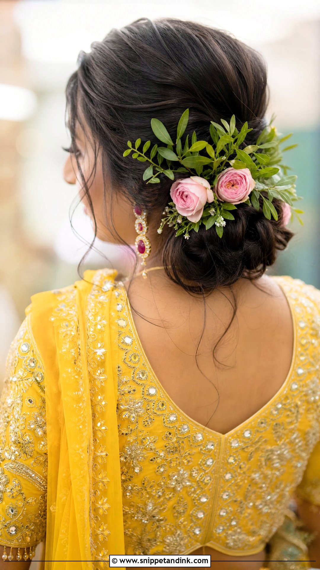 Rose and Leaf Bun for Mehendi - Snippet and Ink - 20 Indian Wedding Bun Bridal Hairstyle Ideas