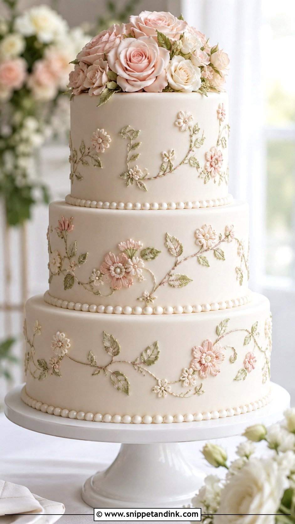 Round Brush Embroidery Wedding Cake - Snippet and Ink - 20 Brush Embroidery Wedding Cake Ideas