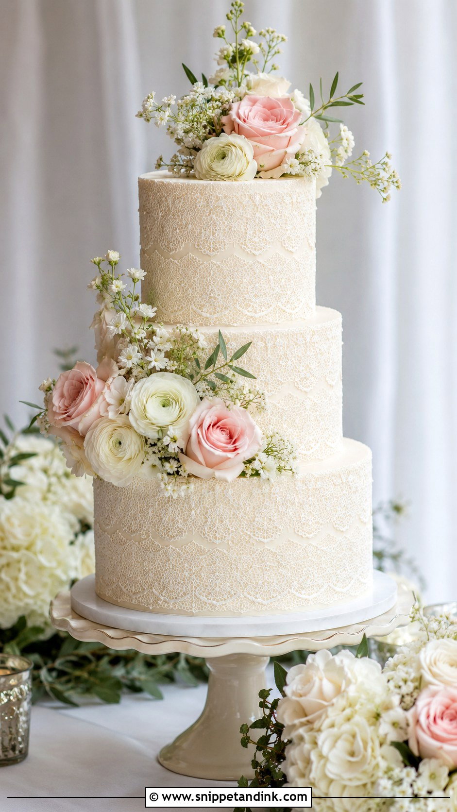 Round Lace Wedding Cake With Flowers - Snippet and Ink - 25 Lace Wedding Cake Ideas with Flowers