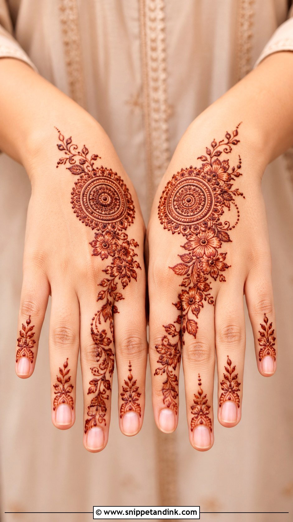 Round Mehndi Design With Flower Trail - Snippet and Ink - 35 Round Mehndi Design Ideas