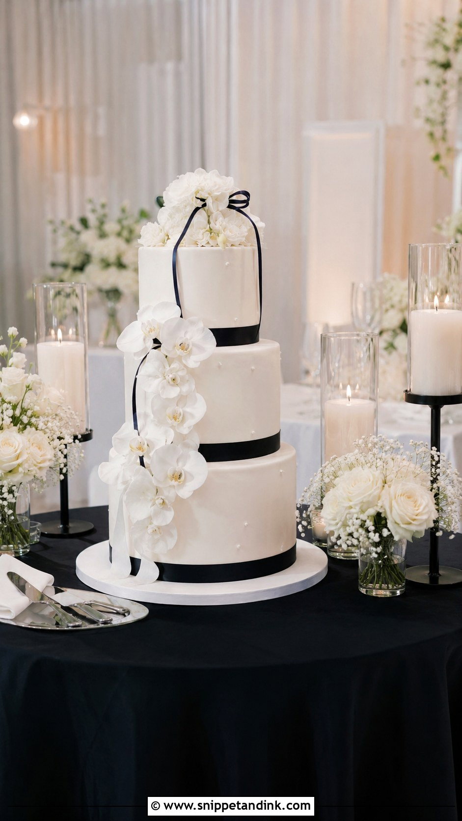 Round Wedding Cake Table With Black And White Decor - Snippet and Ink - 20 Round Wedding Cake Table Ideas