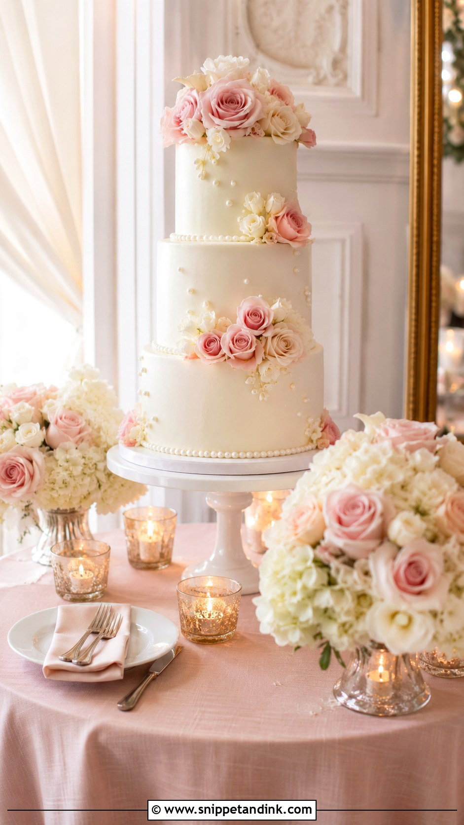 Round Wedding Cake Table With Blush Decor - Snippet and Ink - 20 Round Wedding Cake Table Ideas