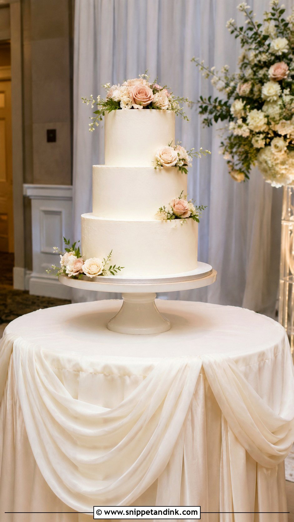 Round Wedding Cake Table With Draped Fabric - Snippet and Ink - 20 Round Wedding Cake Table Ideas