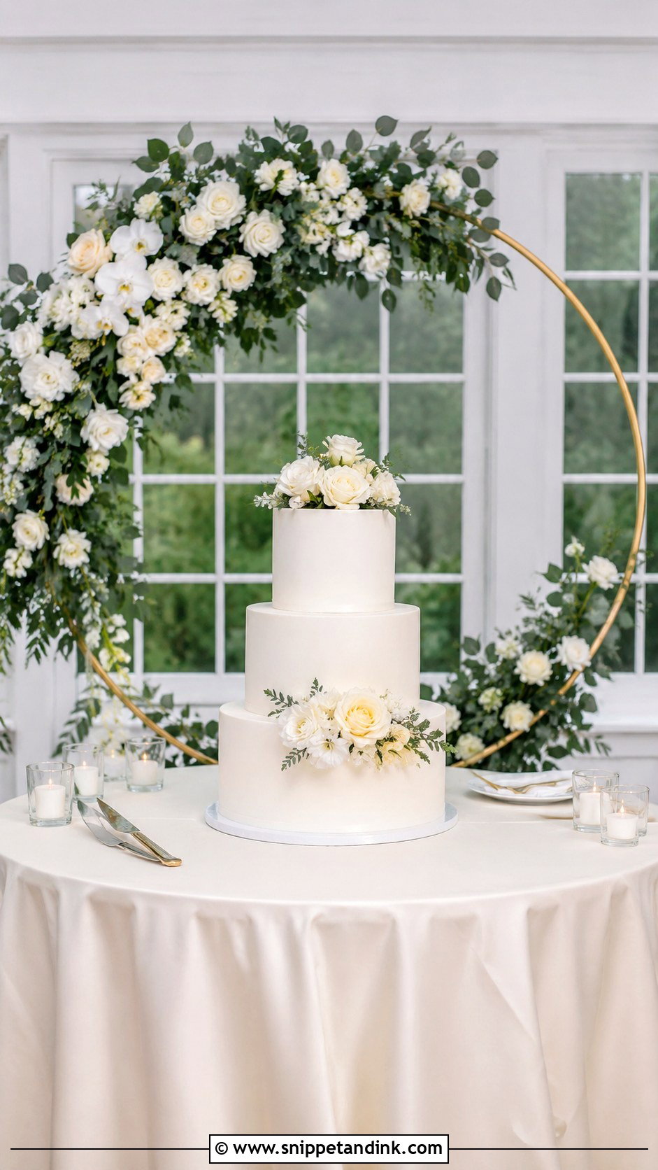 Round Wedding Cake Table With Floral Hoop Backdrop - Snippet and Ink - 20 Round Wedding Cake Table Ideas