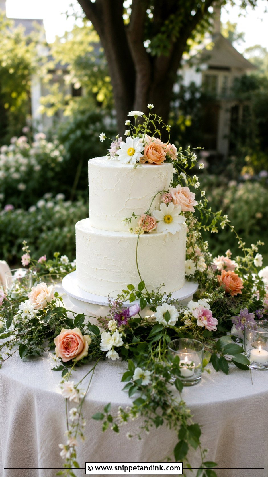 Round Wedding Cake Table With Garden Flowers - Snippet and Ink - 20 Round Wedding Cake Table Ideas