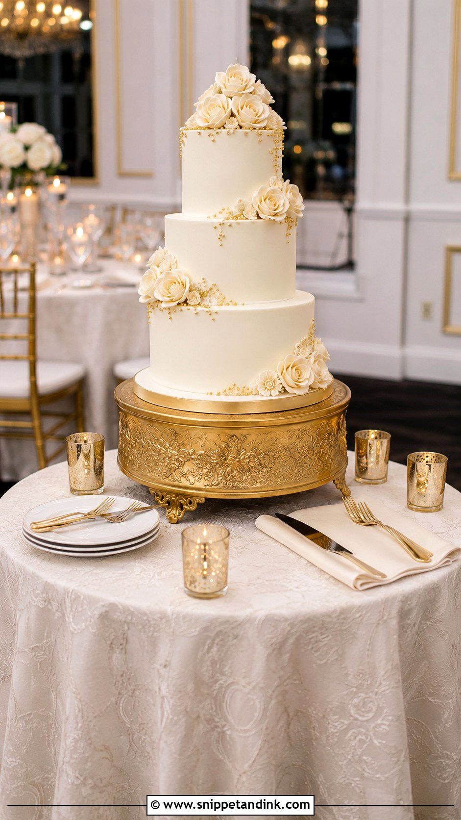 Round Wedding Cake Table With Gold Stand - Snippet and Ink - 20 Round Wedding Cake Table Ideas