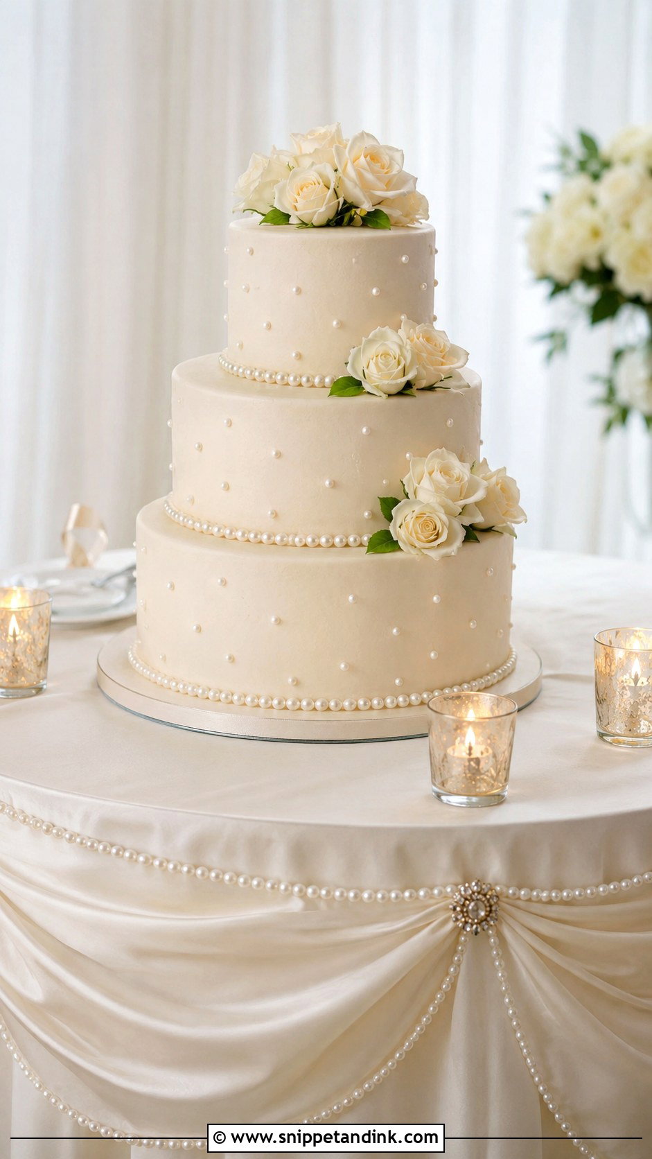 Round Wedding Cake Table With Pearl Details - Snippet and Ink - 20 Round Wedding Cake Table Ideas