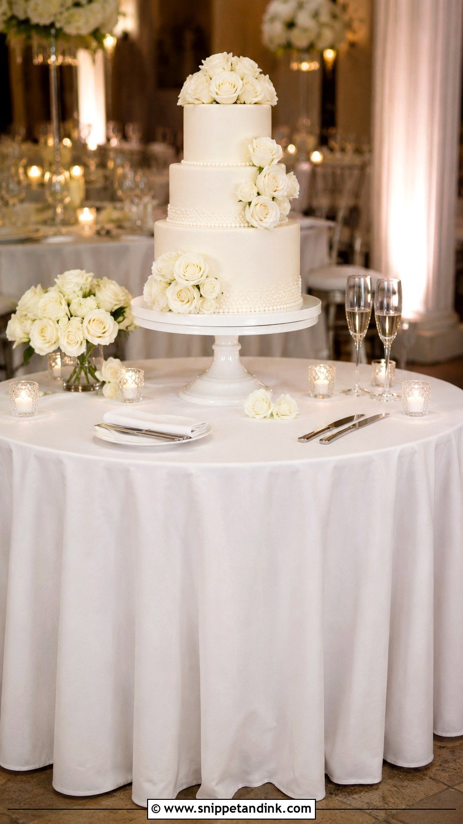Round Wedding Cake Table With White Linen - Snippet and Ink - 20 Round Wedding Cake Table Ideas