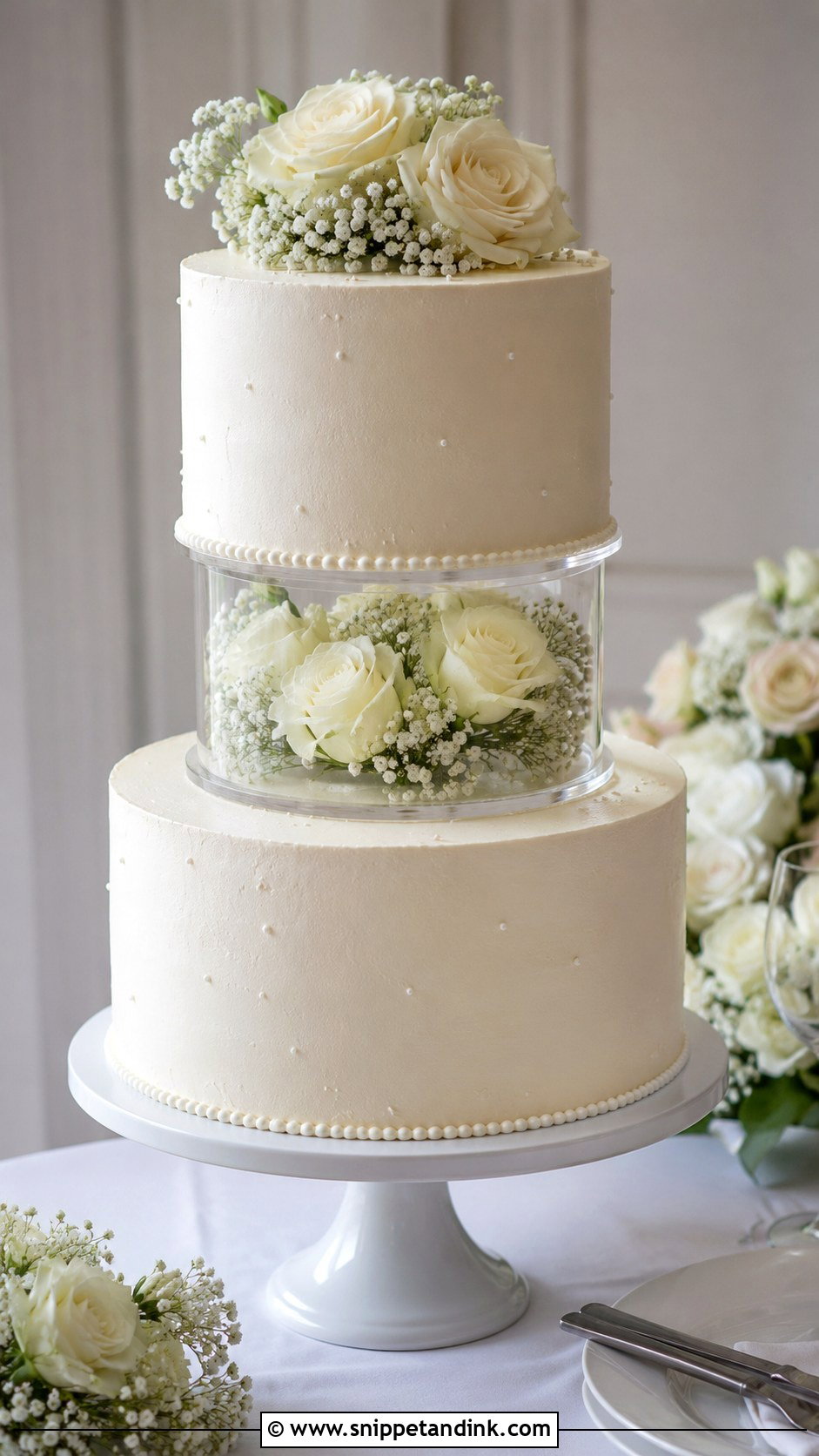 Round Wedding Cake With Acrylic Separator - Snippet and Ink - 20 Wedding Cake Acrylic Separator Ideas