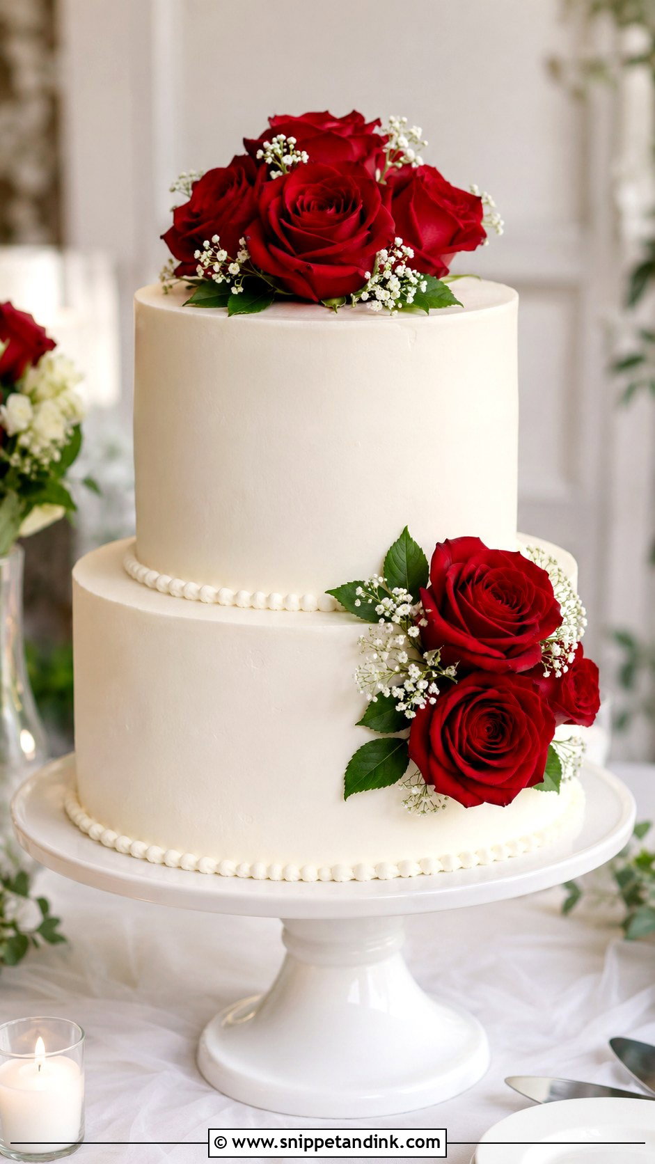 Round White Wedding Cake With Red Roses - Snippet and Ink - 30 White Wedding Cake Ideas with Red Roses