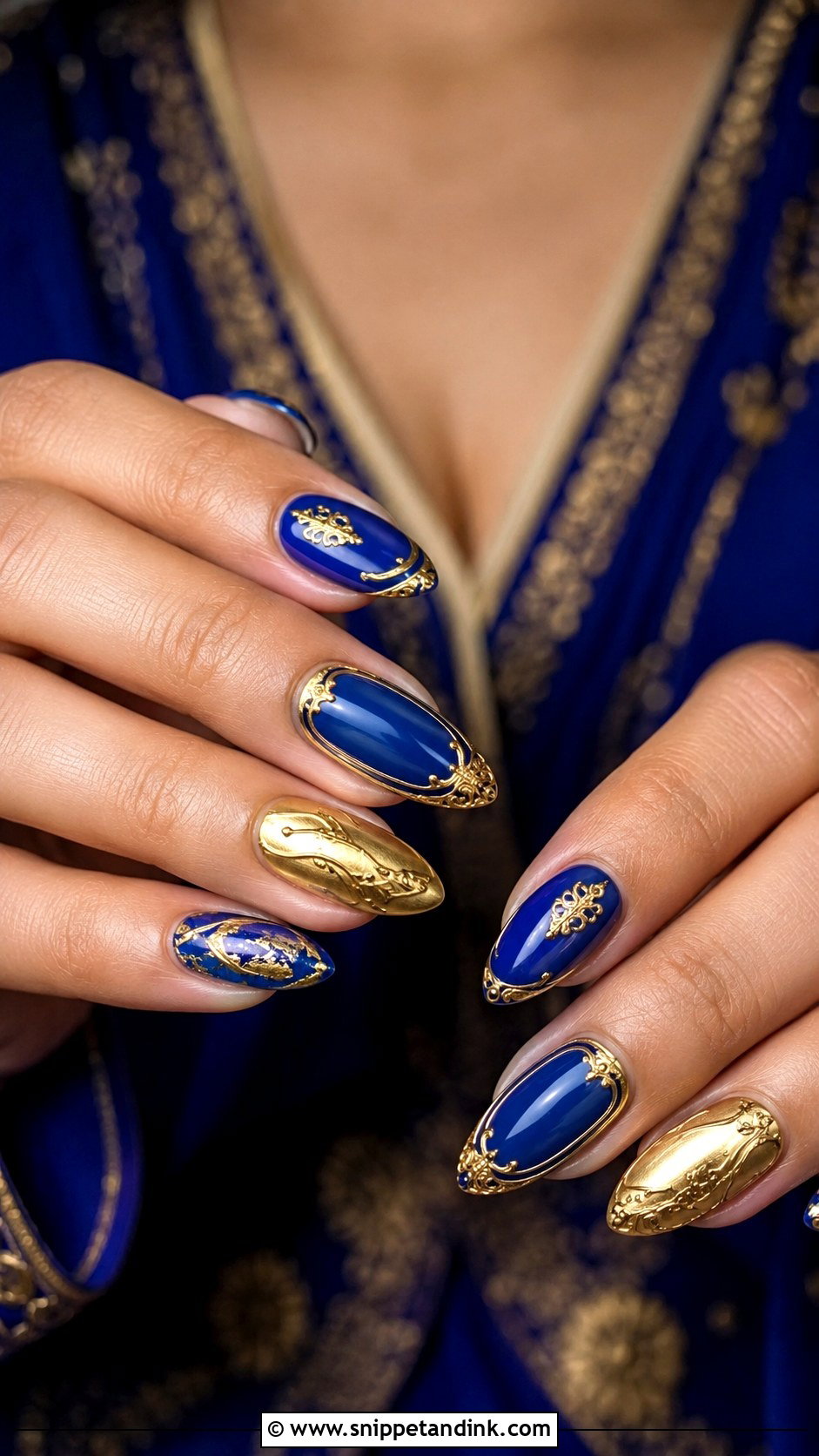 Royal Blue Indian Bride Nails With Gold Accents - Snippet and Ink - 20 Indian Bride Wedding Nails