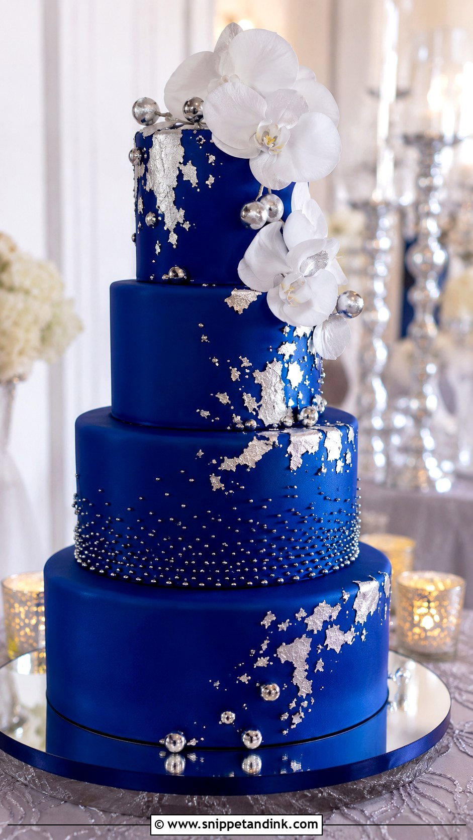 Royal Blue Wedding Cake With Silver Details - Snippet and Ink - 20 Blue Wedding Cake Ideas
