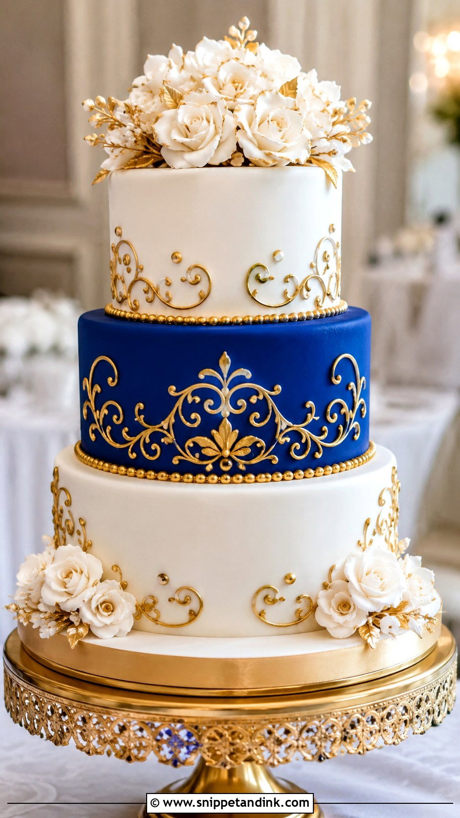 Royal Blue White And Gold Wedding Cake - Snippet and Ink - 20 Blue White and Gold Cake Ideas for Wedding