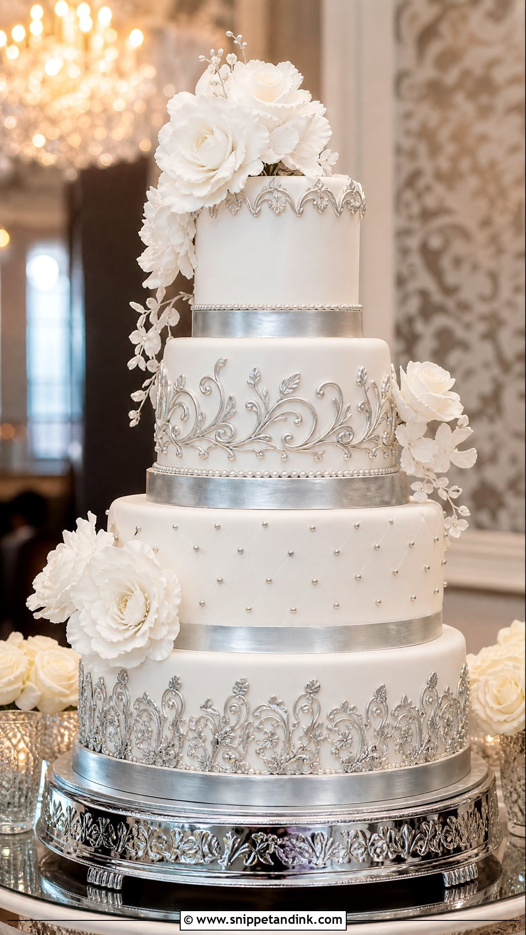 Royal Wedding Cake With Silver Details - Snippet and Ink - 20 Royal Wedding Cake Ideas