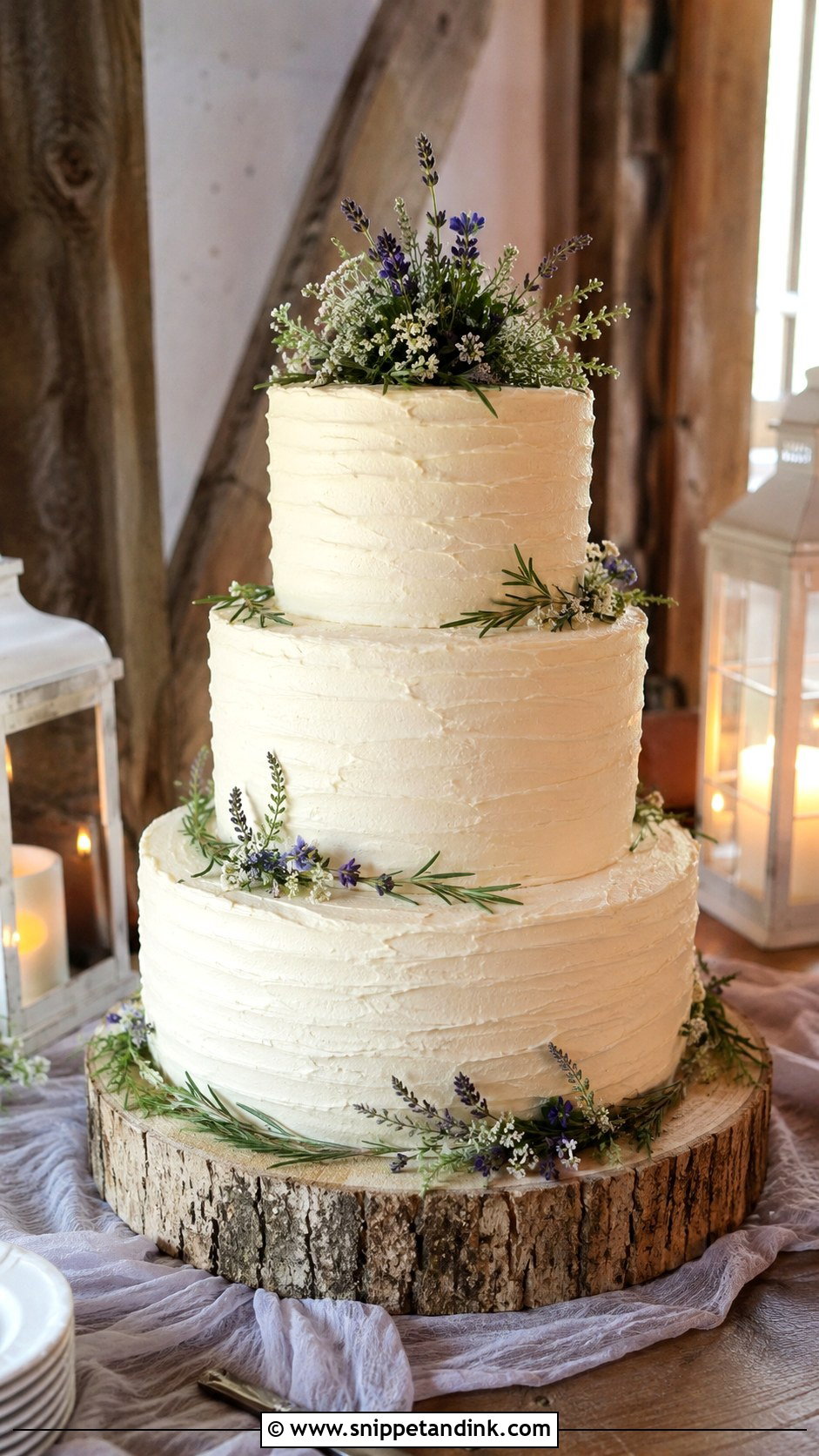 Rustic 3 Tier Wedding Cake With Wood Stand - Snippet and Ink - 20 3 Wedding Cakes Display Ideas
