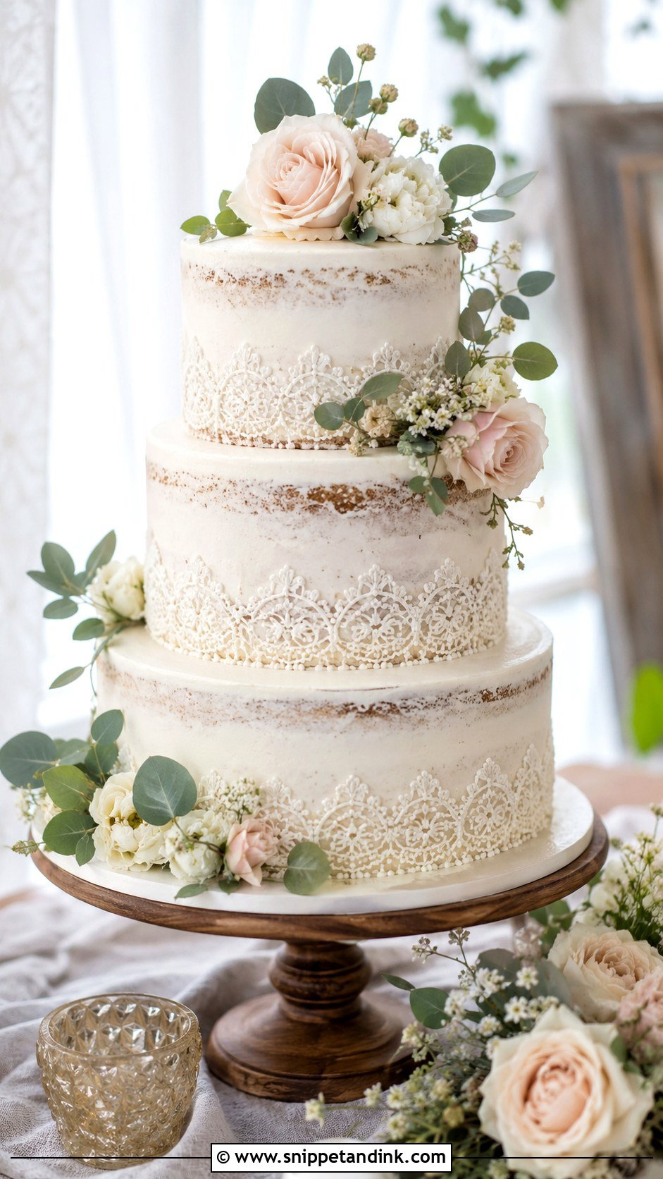 Rustic Lace Wedding Cake With Flowers - Snippet and Ink - 25 Lace Wedding Cake Ideas with Flowers