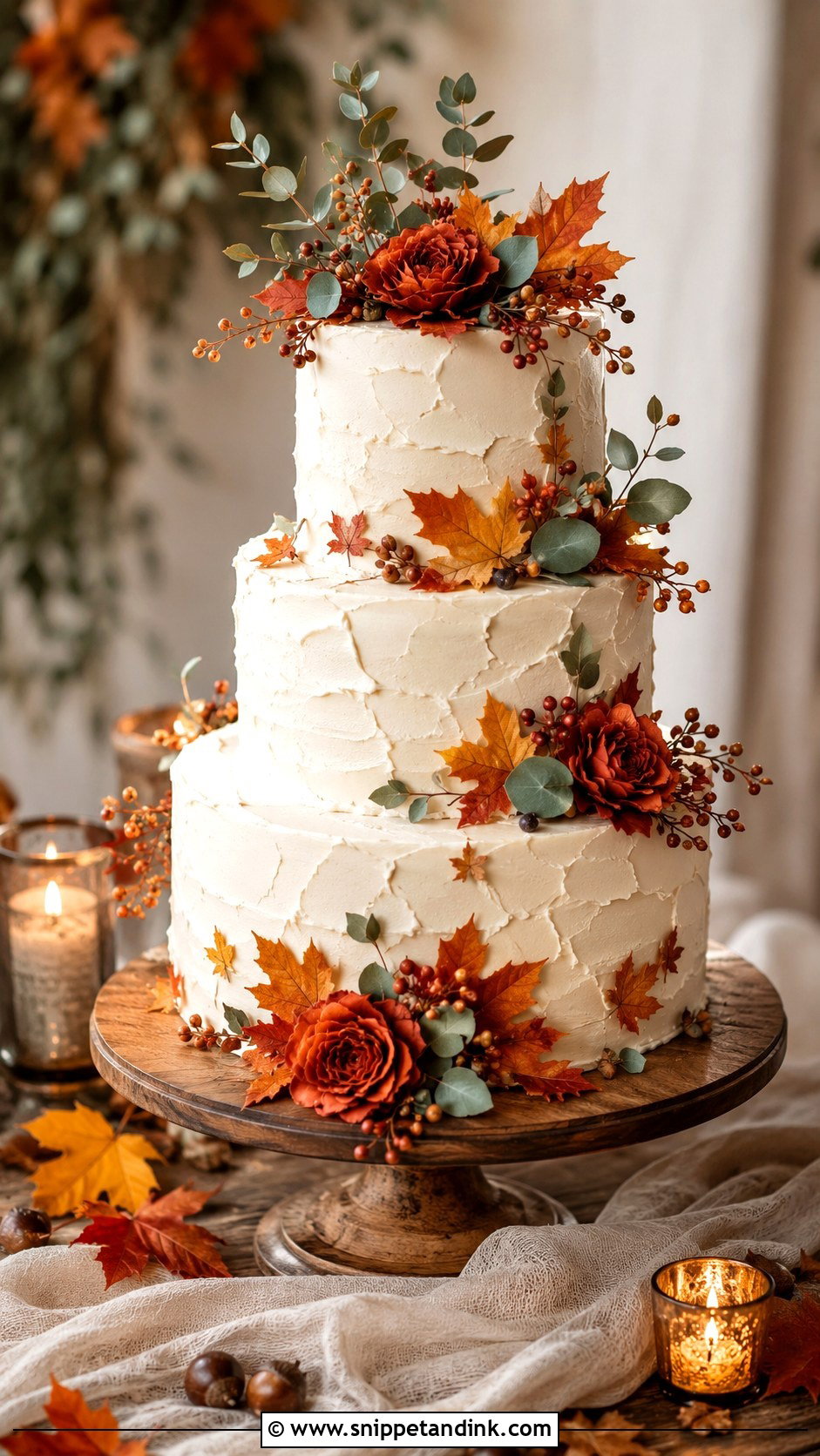 Rustic Orange Wedding Cake With Autumn Leaves - Snippet and Ink - 20 Rustic Orange Fall Wedding Cakes