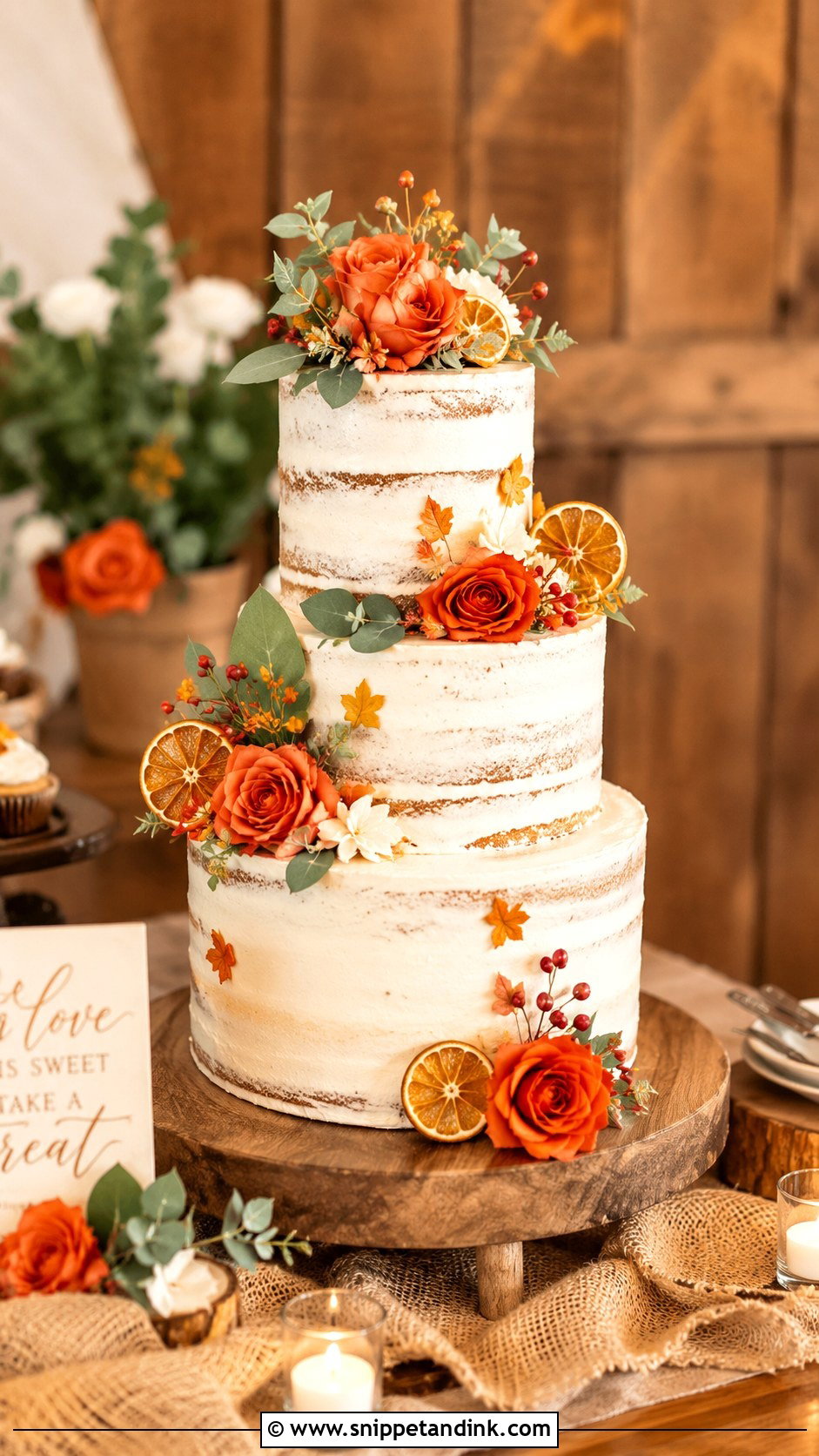 Rustic Orange Wedding Cake With Wooden Stand - Snippet and Ink - 20 Rustic Orange Fall Wedding Cakes