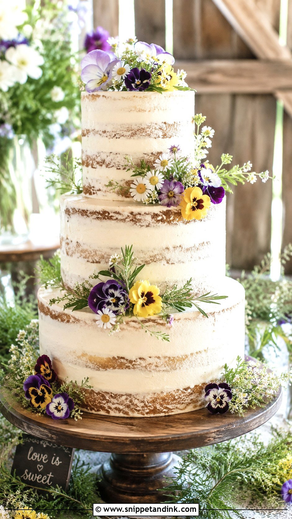 Rustic Pansy Wedding Cake - Snippet and Ink - 20 Pansy Wedding Cake Ideas