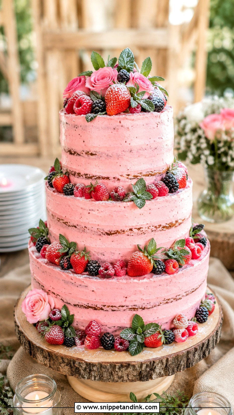 Rustic Pink Berry Wedding Cake - Snippet and Ink - 20 Rustic Pink Wedding Cake Ideas