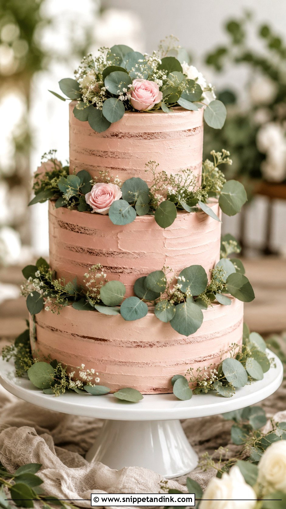 Rustic Pink Eucalyptus Wedding Cake - Snippet and Ink - 20 Rustic Pink Wedding Cake Ideas