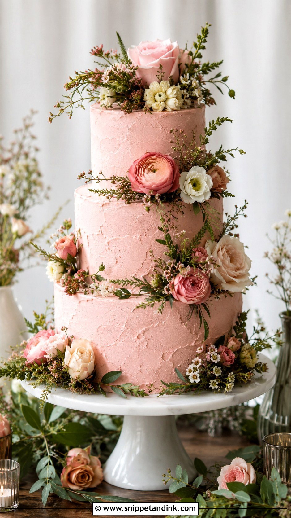 Rustic Pink Floral Wedding Cake - Snippet and Ink - 20 Rustic Pink Wedding Cake Ideas