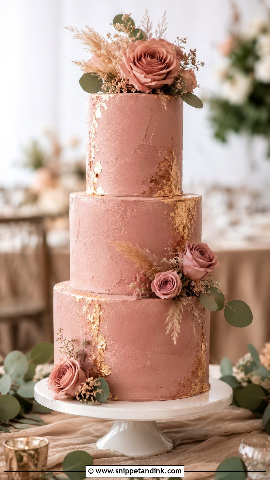 Rustic Pink Gold Leaf Wedding Cake - Snippet and Ink - 20 Rustic Pink Wedding Cake Ideas
