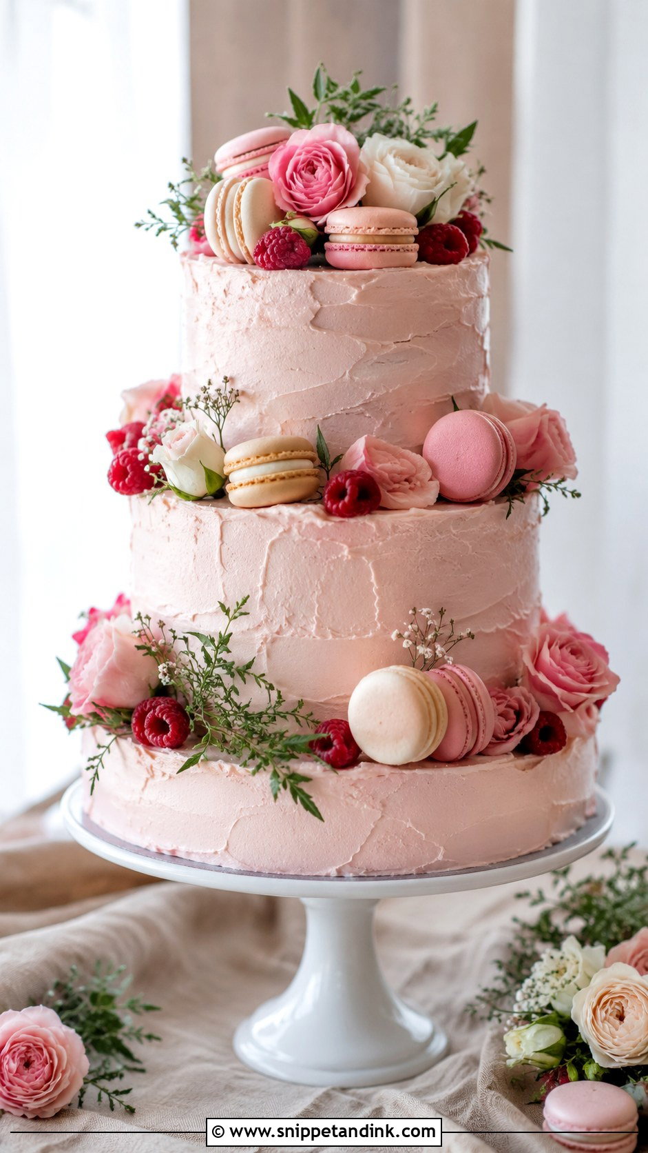 Rustic Pink Macaron Wedding Cake - Snippet and Ink - 20 Rustic Pink Wedding Cake Ideas