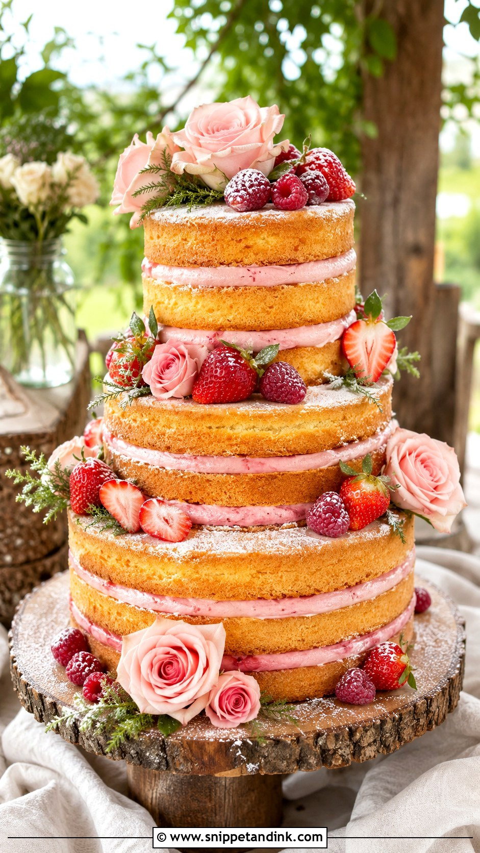 Rustic Pink Naked Wedding Cake - Snippet and Ink - 20 Rustic Pink Wedding Cake Ideas