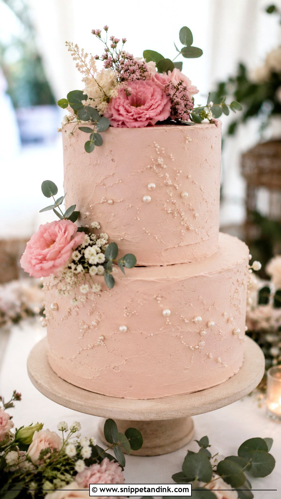 Rustic Pink Pearl Wedding Cake - Snippet and Ink - 20 Rustic Pink Wedding Cake Ideas