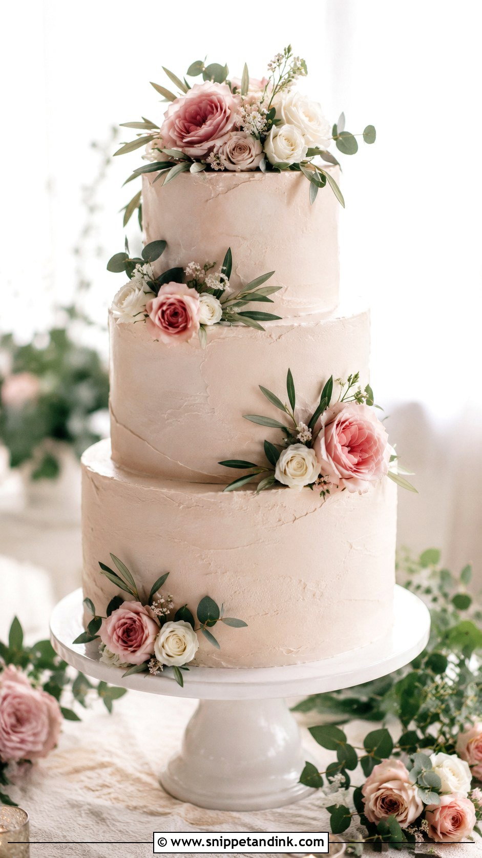Rustic Pink Rose Wedding Cake - Snippet and Ink - 20 Rustic Pink Wedding Cake Ideas