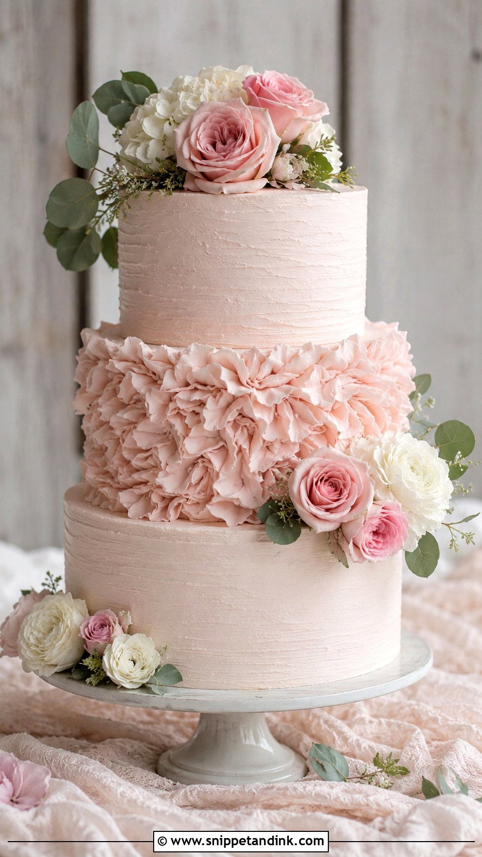 Rustic Pink Ruffle Wedding Cake - Snippet and Ink - 20 Rustic Pink Wedding Cake Ideas