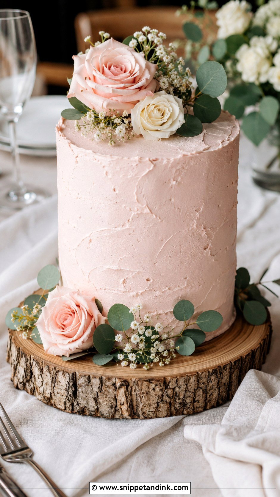 Rustic Pink Single Tier Wedding Cake - Snippet and Ink - 20 Rustic Pink Wedding Cake Ideas