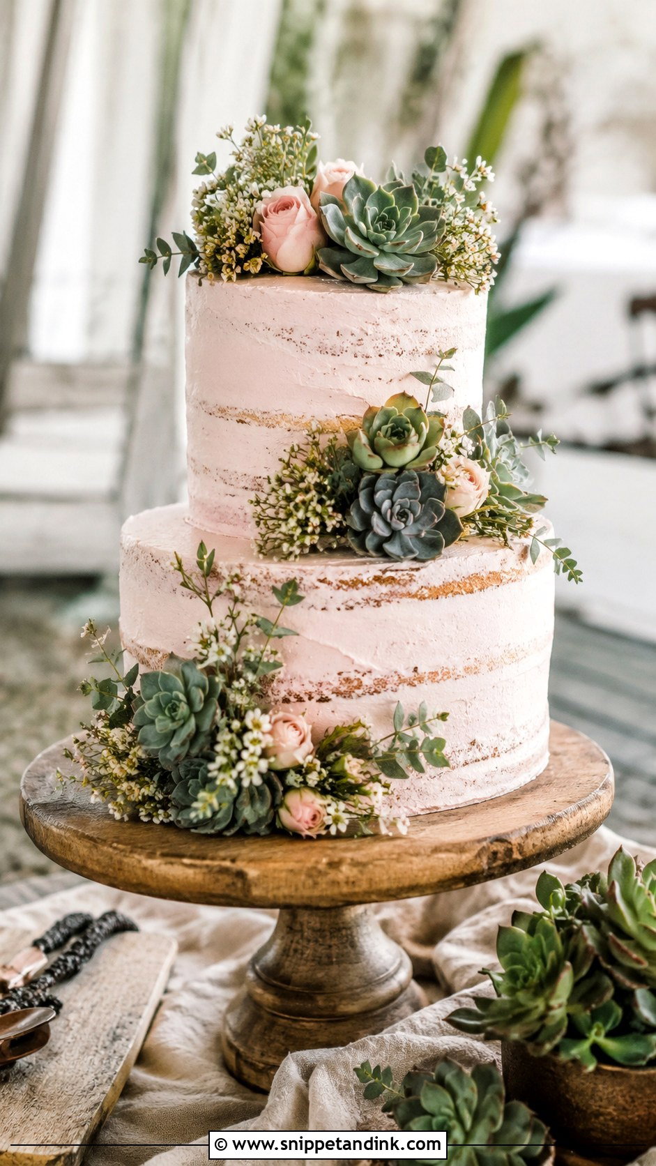 Rustic Pink Succulent Wedding Cake - Snippet and Ink - 20 Rustic Pink Wedding Cake Ideas
