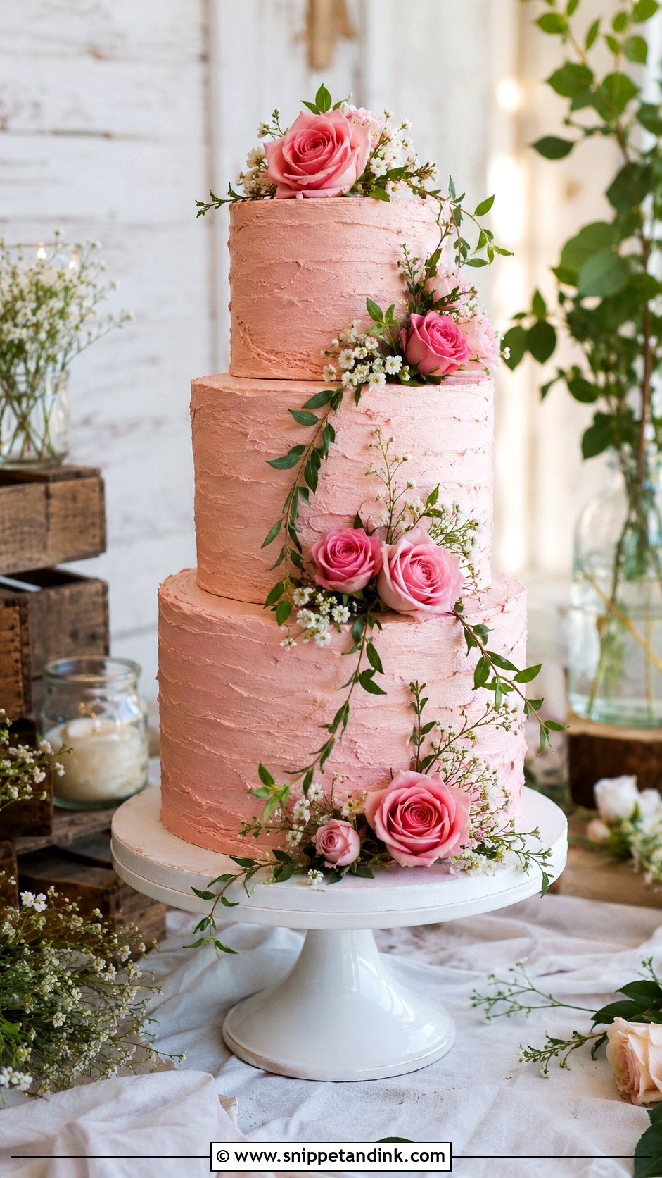 Rustic Pink Three Tier Wedding Cake - Snippet and Ink - 20 Rustic Pink Wedding Cake Ideas
