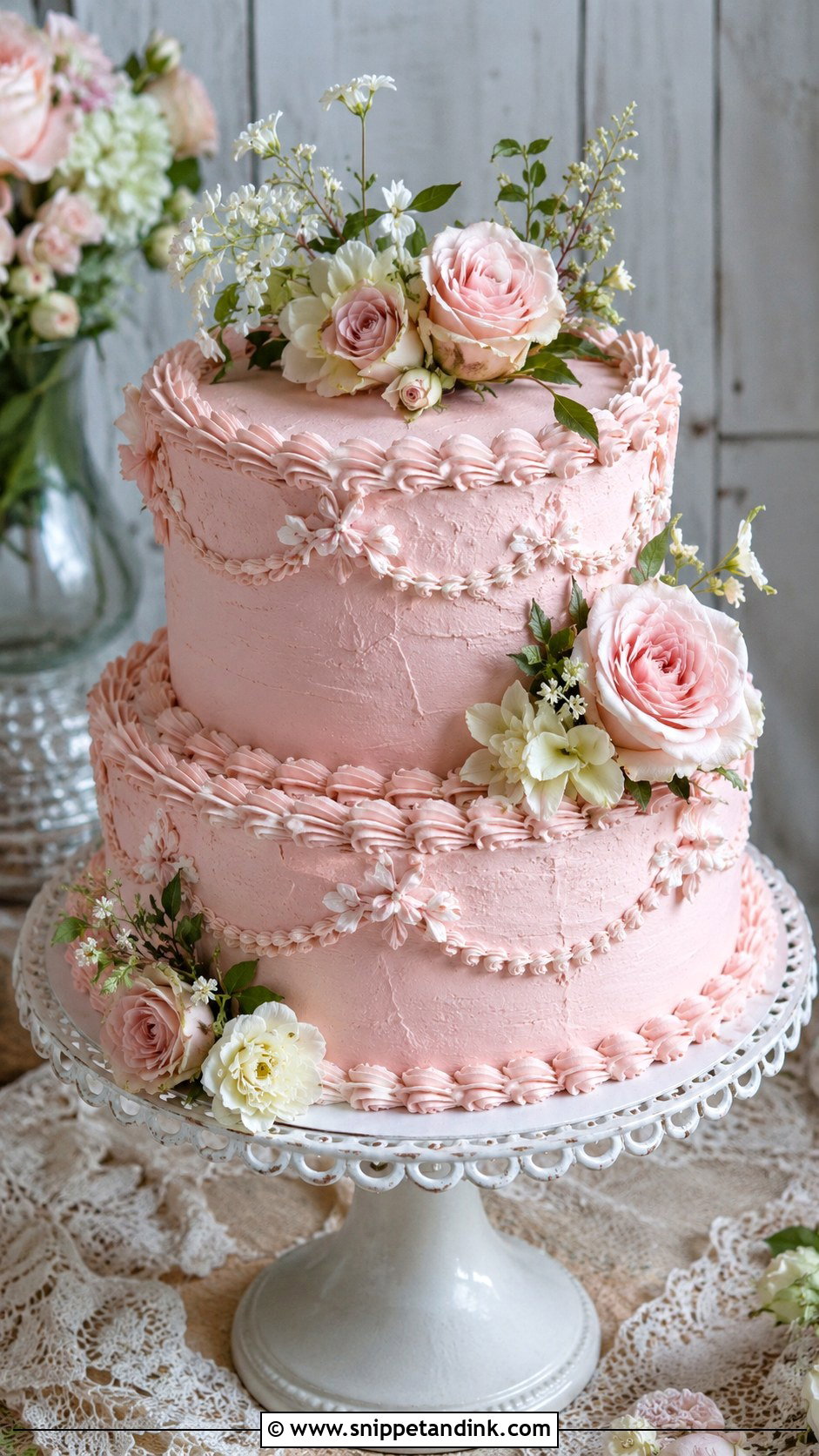 Rustic Pink Vintage Wedding Cake - Snippet and Ink - 20 Rustic Pink Wedding Cake Ideas