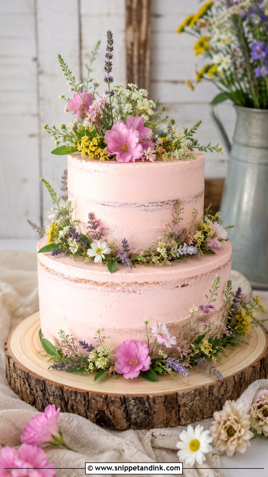 Rustic Pink Wildflower Wedding Cake - Snippet and Ink - 20 Rustic Pink Wedding Cake Ideas